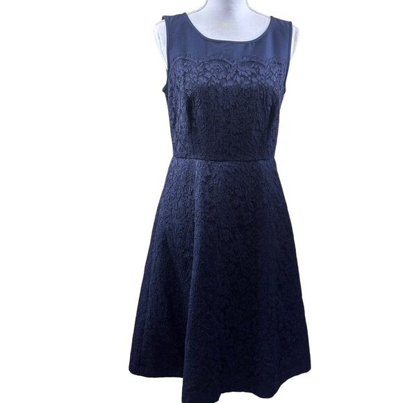 Talbots navy fit and flare dress, lace overlay, elegant, wedding guest, timeless - Picture 1 of 6